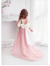 Ivory Lace Coral Pink Tulle Wedding Flower Girl Dress